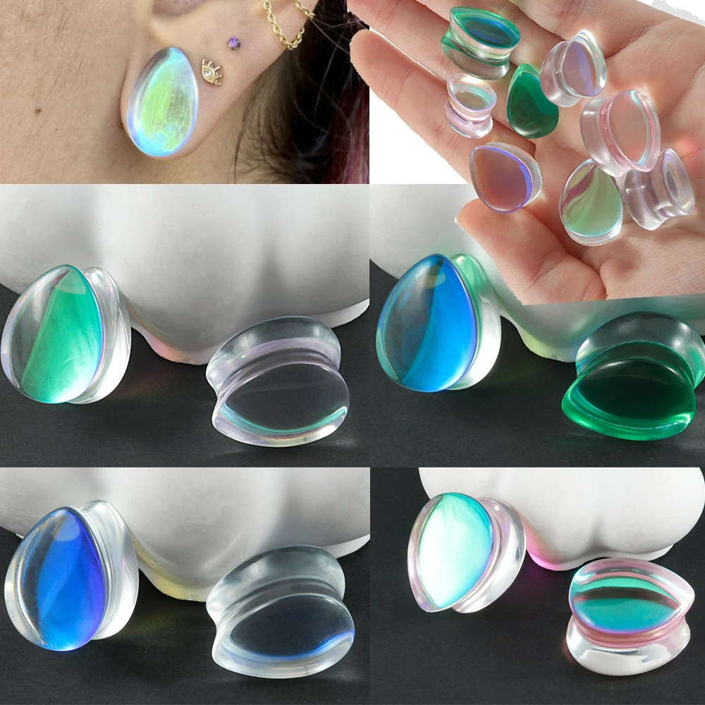 1PC Waterdrop Regenbogen AB Farbverlauf Glas Ohr Plug & Tunnel Gauge Expander Ohr Gewicht Bahre Solide Körper Piercing ohrring