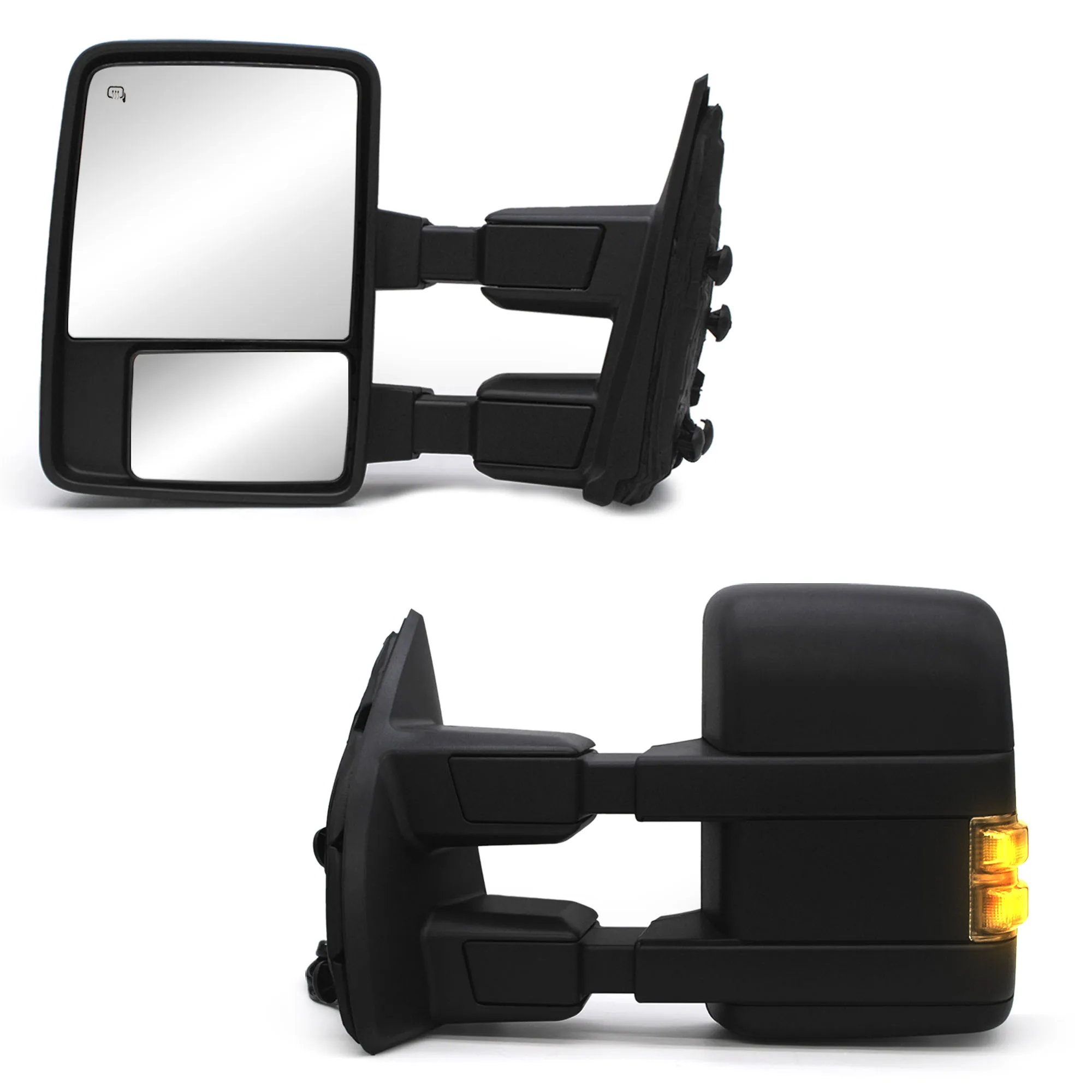 1999-2016 F250-F550 Super Duty Towing Mirrors, Smoke Turn Signal Lamp Power Heated Auxiliary Light Sensor Black Cap B40-TM