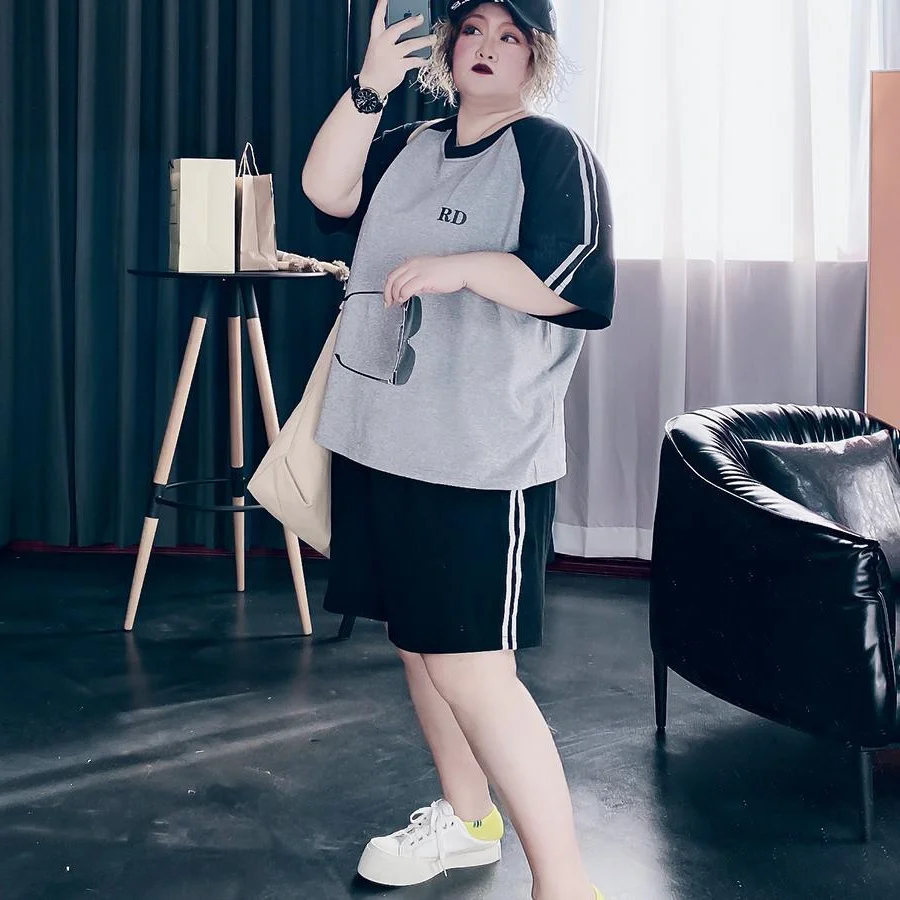 

plus Size 300 Pou Korean Sle Slimming Summer Women's Faion Color Blo ort Sve T-irt orts Sport Two Piece Set