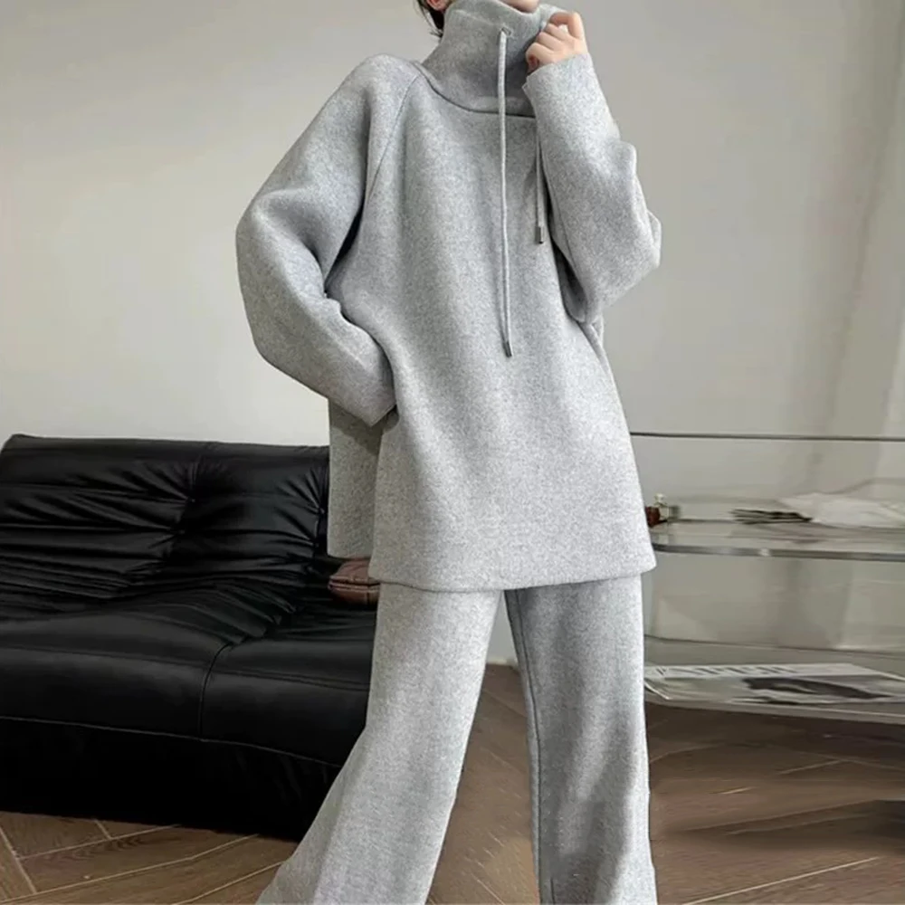 TWOTWINSTYLE Solid Two Piece Sets For Women Hooded Long Sleeve Sweatershirts High Waist Wide Leg Pant Minimalist Set Female New