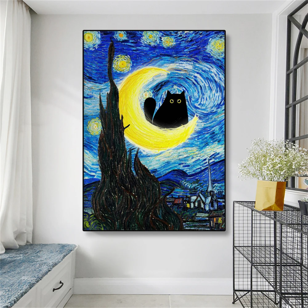 

Modern Vincent Van Gogh's The Starry Night Cat Print Poster Van Gogh Black Cat Art Canvas Painting Funny Gift for Home Decor