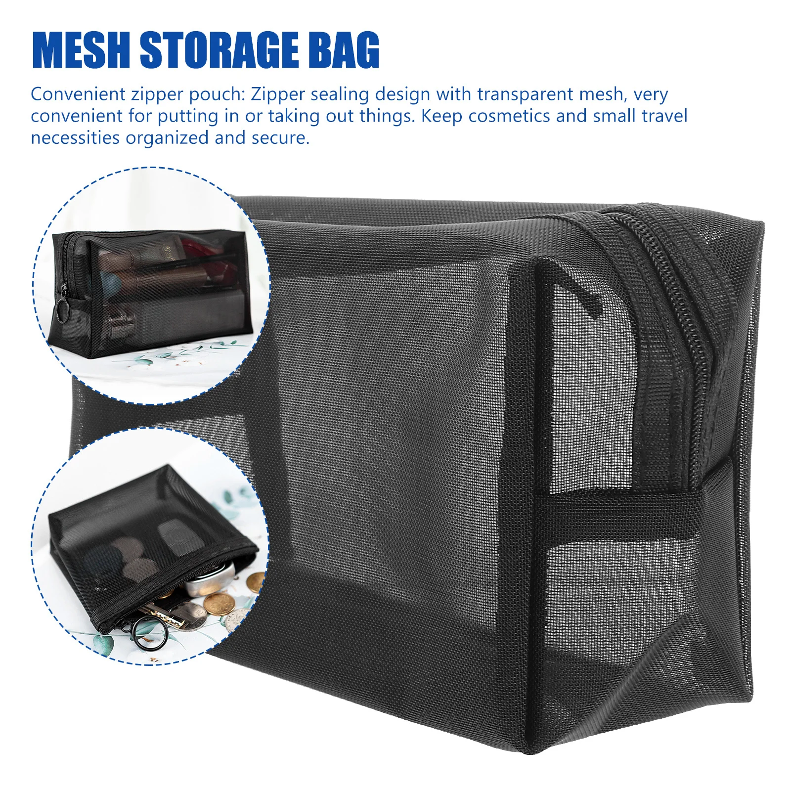 

3Pcs Mesh Zipper Bags Black Travel Organizer Pouches Multifunctional Portable Storage Makeup Brush Holder
