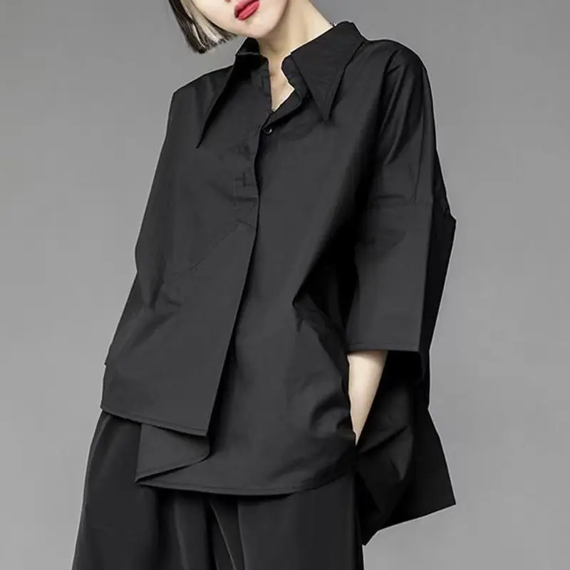 2023 neue Plus Größe Frauen Kleidung Hemd Langarm Weibliche Bluse Unregelmäßigen Saum einreiher Einfarbig Lose Shirt Top