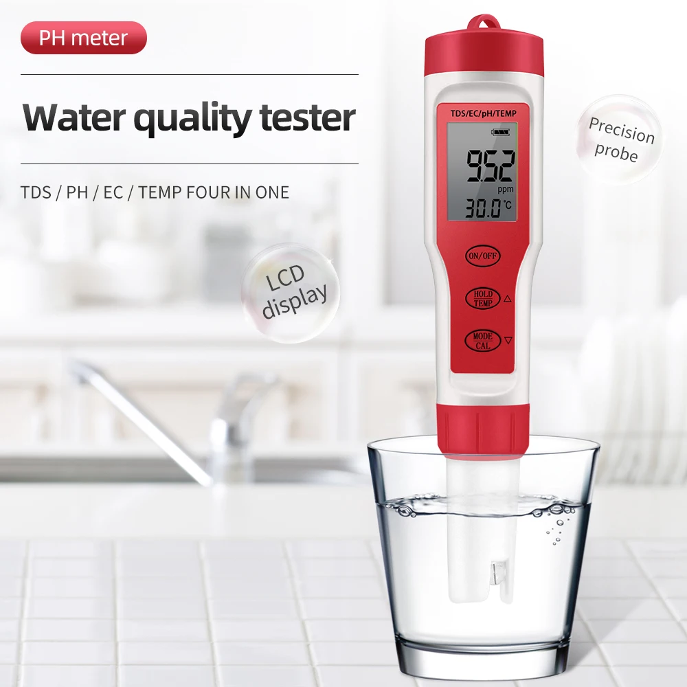 Medidor de PH 4 en 1 PH/TDS/EC/medidor de temperatura Monitor Digital de calidad del agua probador para piscinas acuarios de agua potable