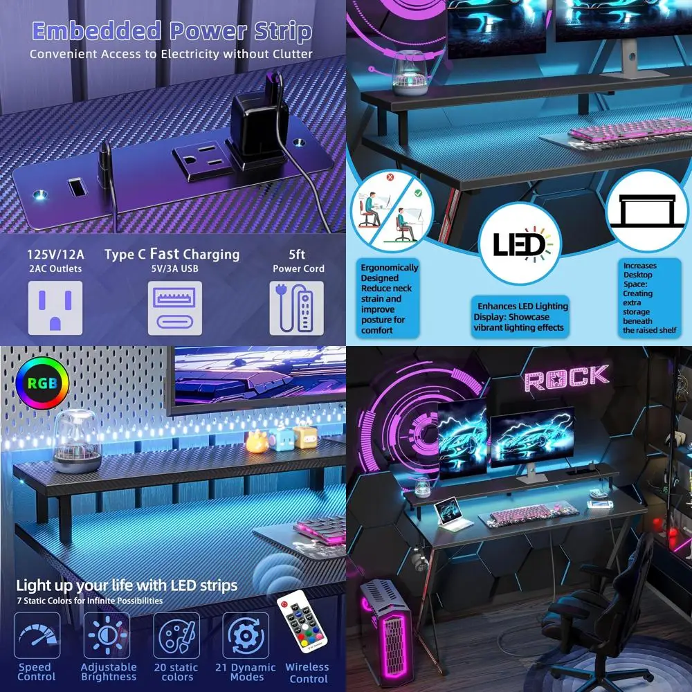 40 مكتب ألعاب من ألياف الكربون المضاءة LED مع منافذ طاقة وحامل شاشة وخطاف سماعة الرأس لإعداد ألعاب الكمبيوتر #1