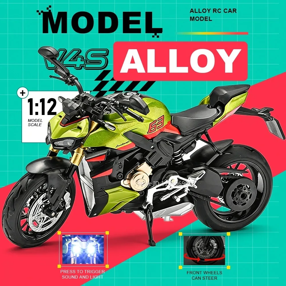 

Модель мотоцикла 1:12 V4S 1199, игрушка из литого сплава со звуком, светом, амортизацией и выдвижной подставкой, имитация мотоцикла для мальчиков