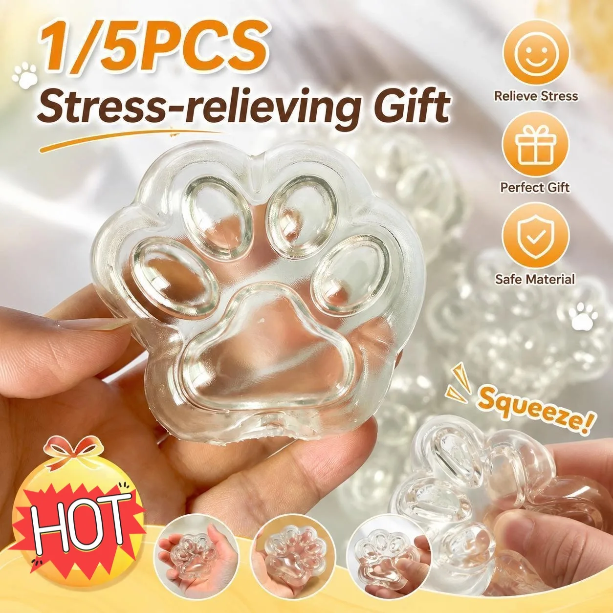 Kawaii Cat Paw Squishy Hollow Skin Clear DIY Stress Relief Squeeze Toy Simulated Air Filled Slow Rebound Sensory Ball Gift