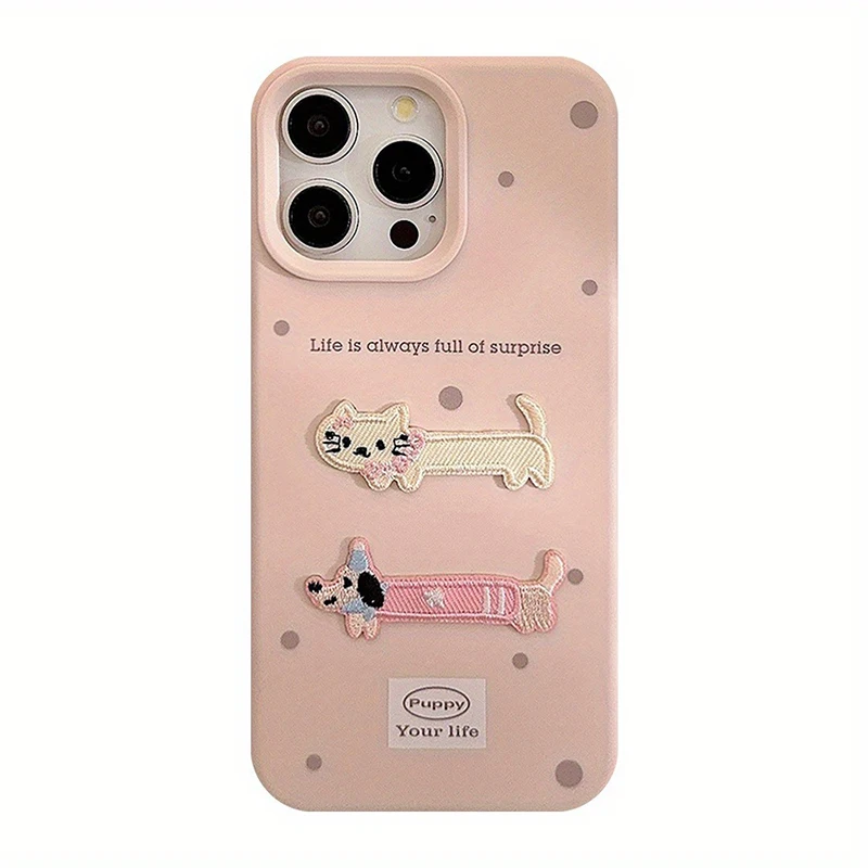 Cartoon Stereoskopische Stickerei Dackel Hund Katze Handyhülle für iPhone 18 17 16 15 14 13 12 11 Pro Max Plus Silikonhülle – Detail 6