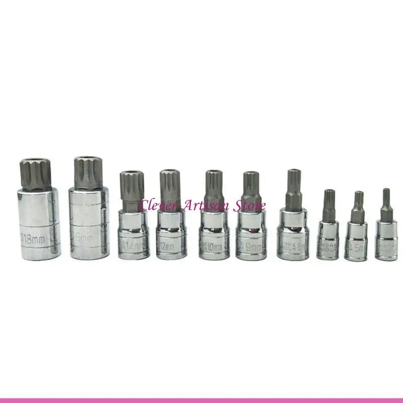 Adaptador soquete compacto e06b, 10 peças xzn 12 pontos triplo quadrado spline bit soquete conjunto à prova violação com para ferramenta reparo caixa