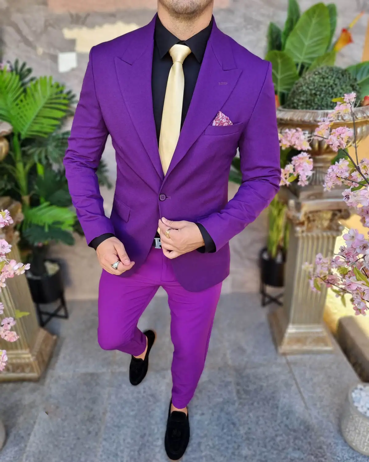 Cor sólida roxo masculino casamento smoking formal negócios calças ternos baile de aniversário jaqueta noivo usar 2 peças conjuntos