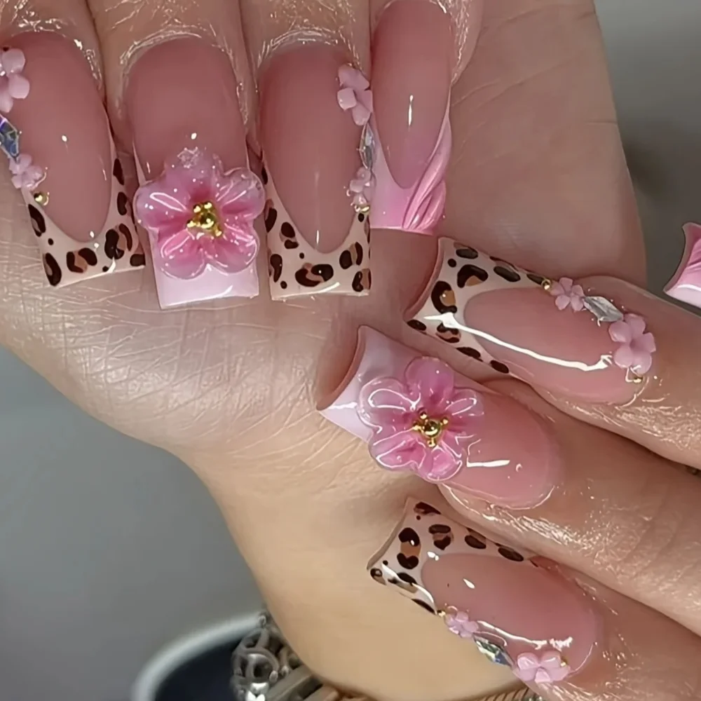 

24pcs Handmade 3D Water Drop Flower Fake Nails with Leopard Print, Pink Gradient and Floral Design - Stylish and Trendy Press