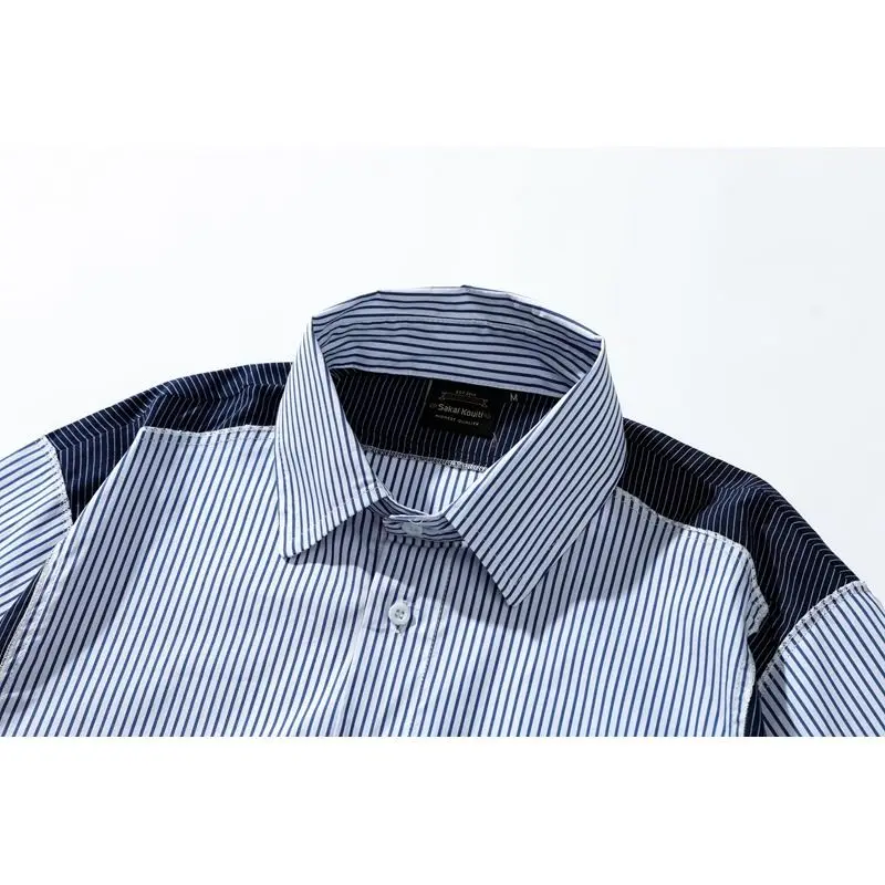 Summer Japanese Striped Short-sleeved Shirt Men's Contrasting Color Loose Splicing Fake Two-piece Jacket