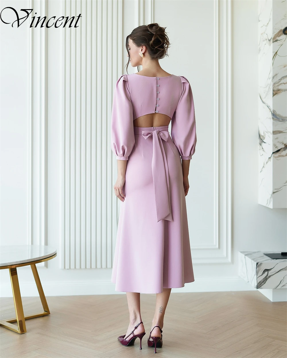 ที่กําหนดเอง Simple Mermaid ชุดราตรีคลาสสิก 3/4 แขนชาความยาว O-คอชุดราตรี JERSEY Bow ซาอุดีอาระเบีย PARTY Dresses