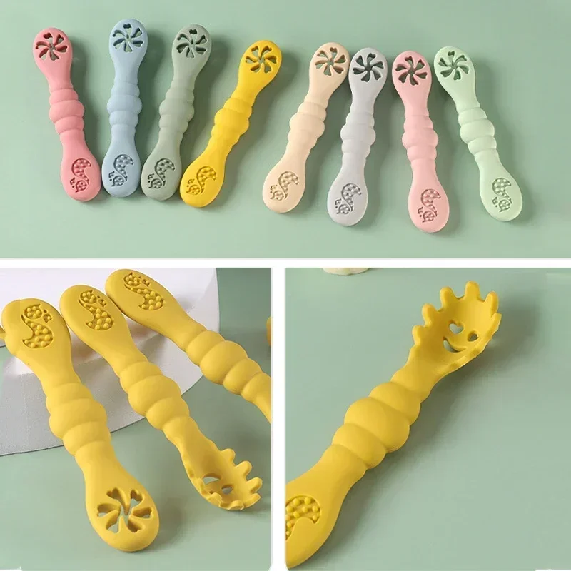 3PCS Silicone Spoon Fork For Baby Utensils Set Feeding Food Toddler Learn To Eat Training Soft Fork Cutlery Children's Tableware