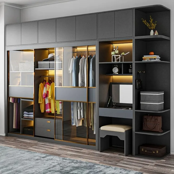 Armoire nordique légère de luxe, porte coulissante, porte en verre, chambre à coucher, porte couliss
