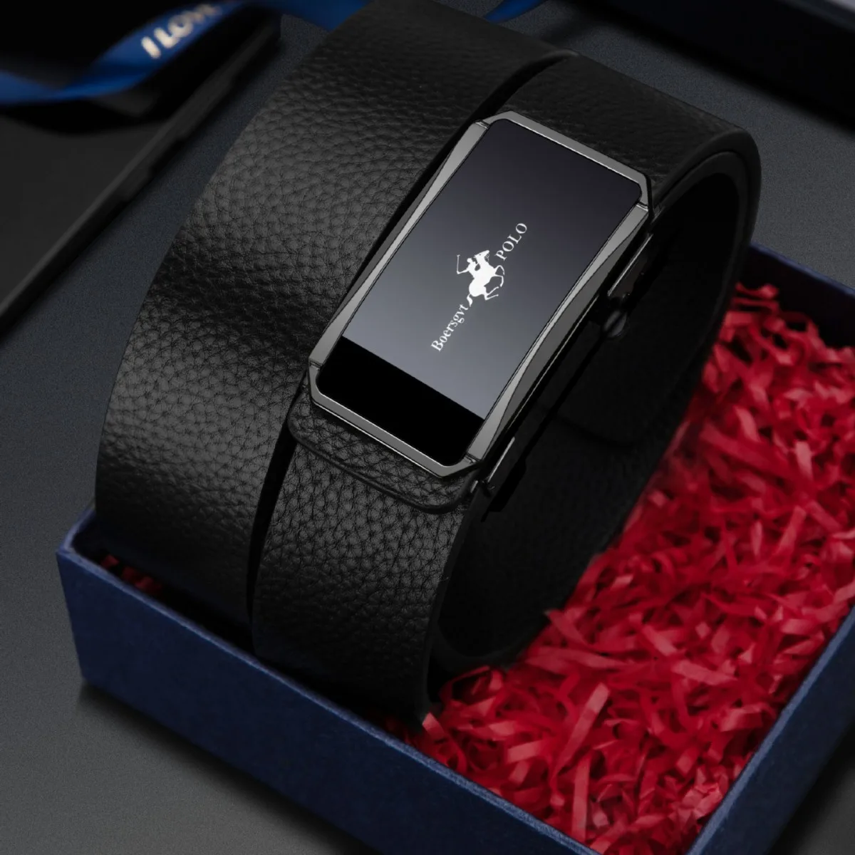 Ремень из натуральной воловьей кожи первого слоя 2025 — беззубый узор личи, автоматический, без отверстий, регулируемый для деловых повседневных брюк