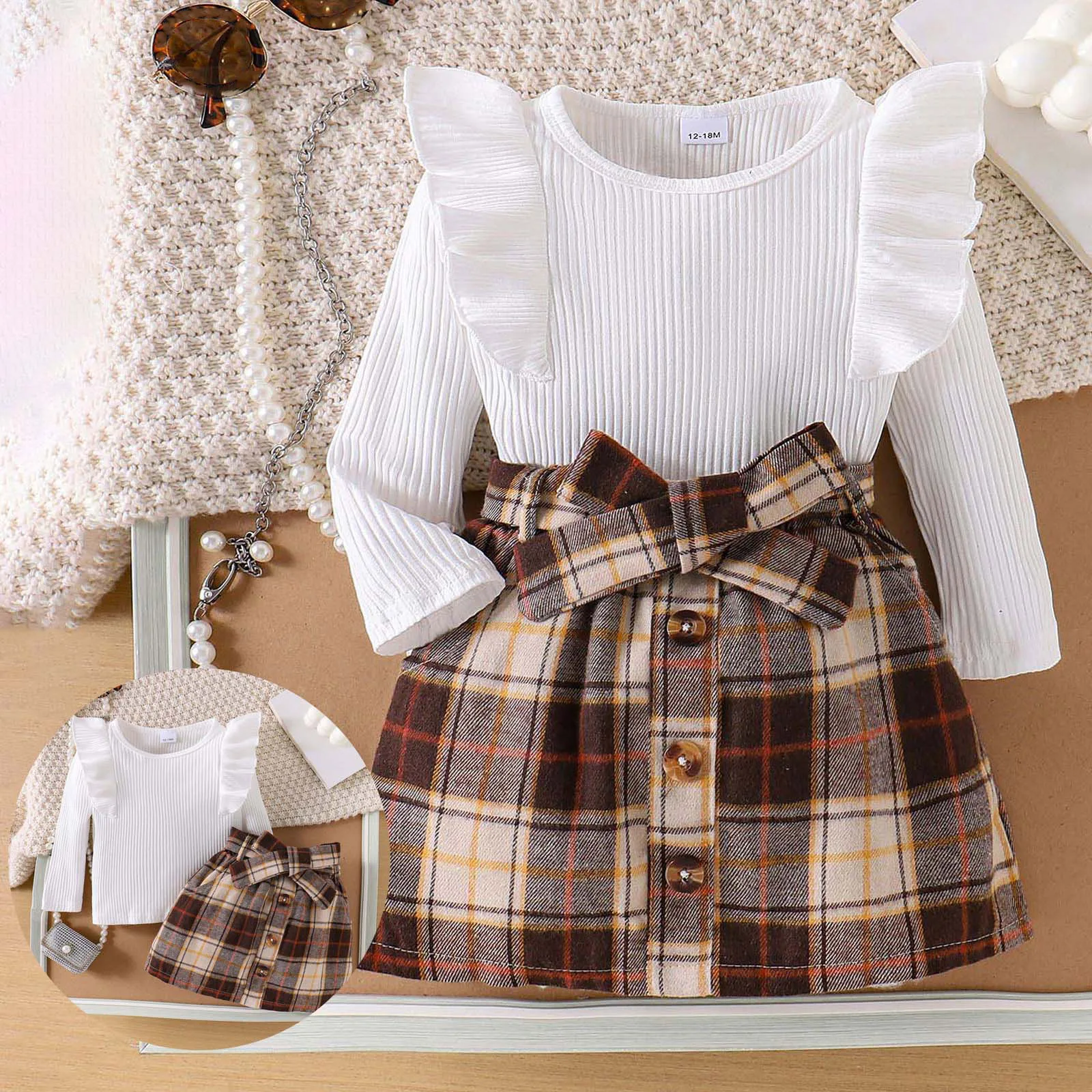 

Baby Girls Autumn Winter Outfit Set Long Sleeve Solid Knit Pullover Top Plaid Button Mini Skirts Set Bow Adorable Kids Clothing