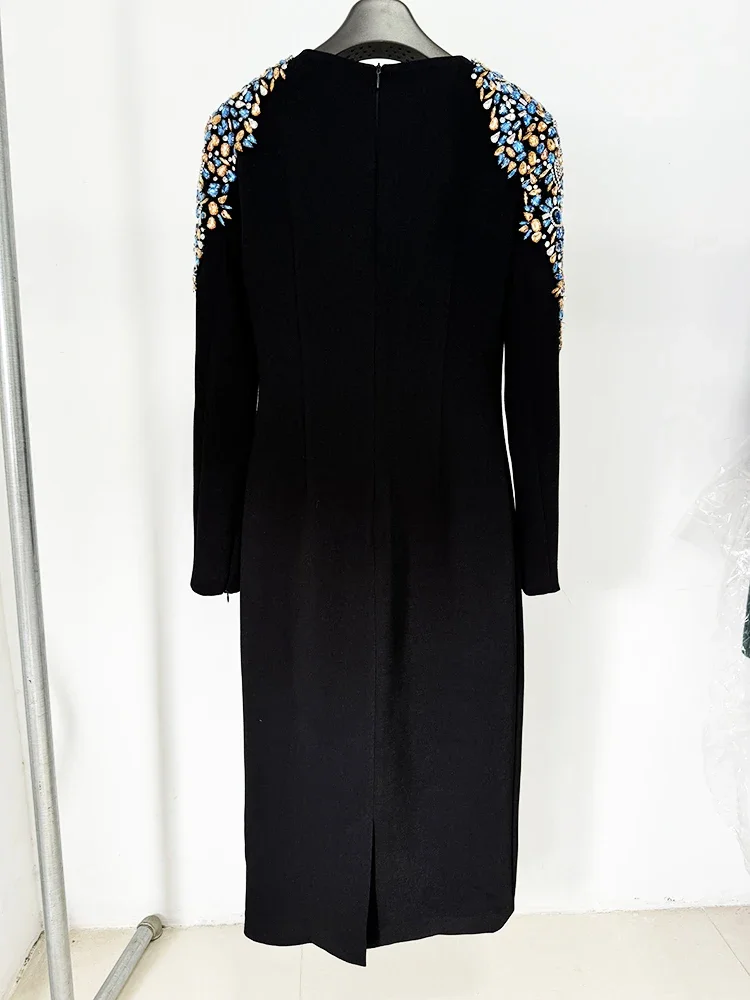 HIGH Quality Newest 2024 Designer Fashion Women\'s Long Sleeve Rhinestone Diamonds Beaded Midi Dress