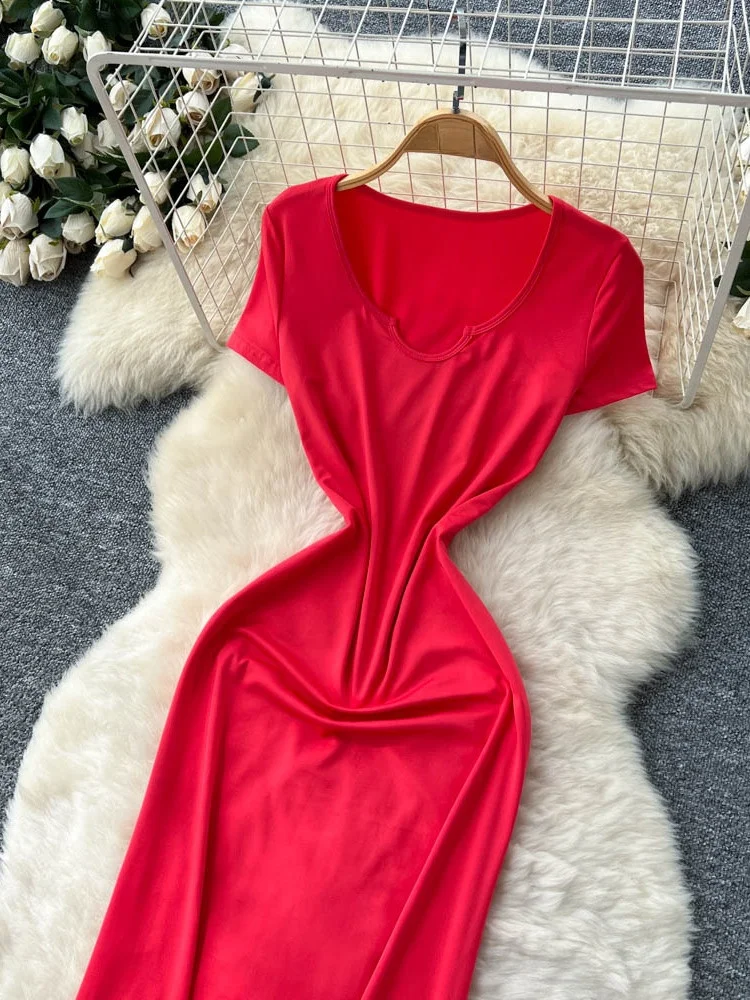 夏の純粋な欲望 レディースドレス ハイウエスト Aライン 半袖 Vネック ボディコン ロングスカート セクシー シティ通勤 韓国風