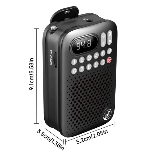 Imagen 2 del producto Mini radio multifunción con clip, transmisión inalámbrica, sintonizador FM, grabadora de voz, ranura para tarjeta SD y pantalla LED, receptor de audio
