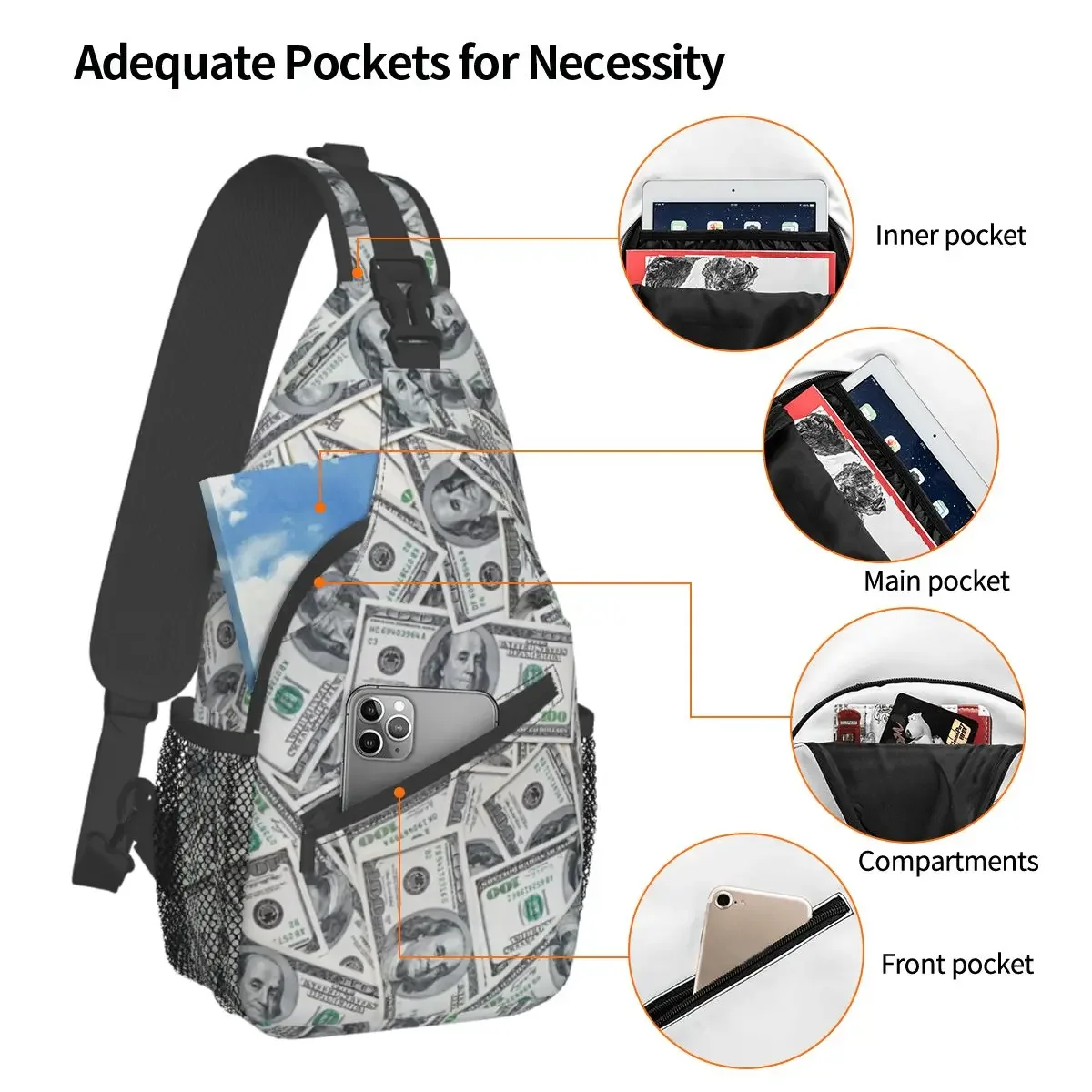 100 Dollar Bills USA Crossbody Sling Bag Small Chest Bag Money Shoulder Backpack Daypack for Hiking Travel Biking Bag