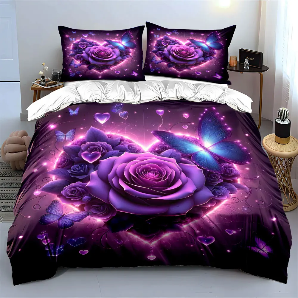 Dreamy purple roses and butterfly hearts Bedding Set for Kids Luxury Gift 3pcs Digital Print Comforter Set Soft Comfortable