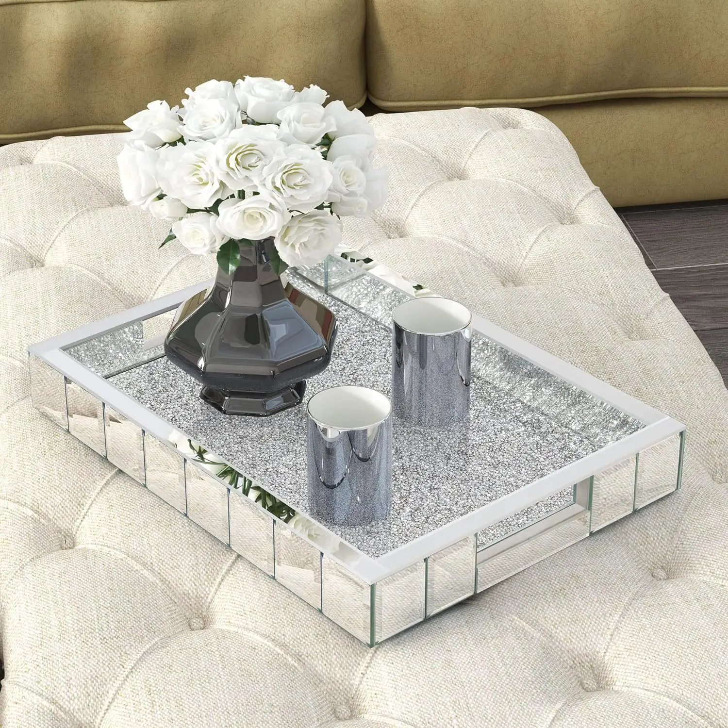 Crystal diamond mirror silver tray handmade decoration tray makeup tray