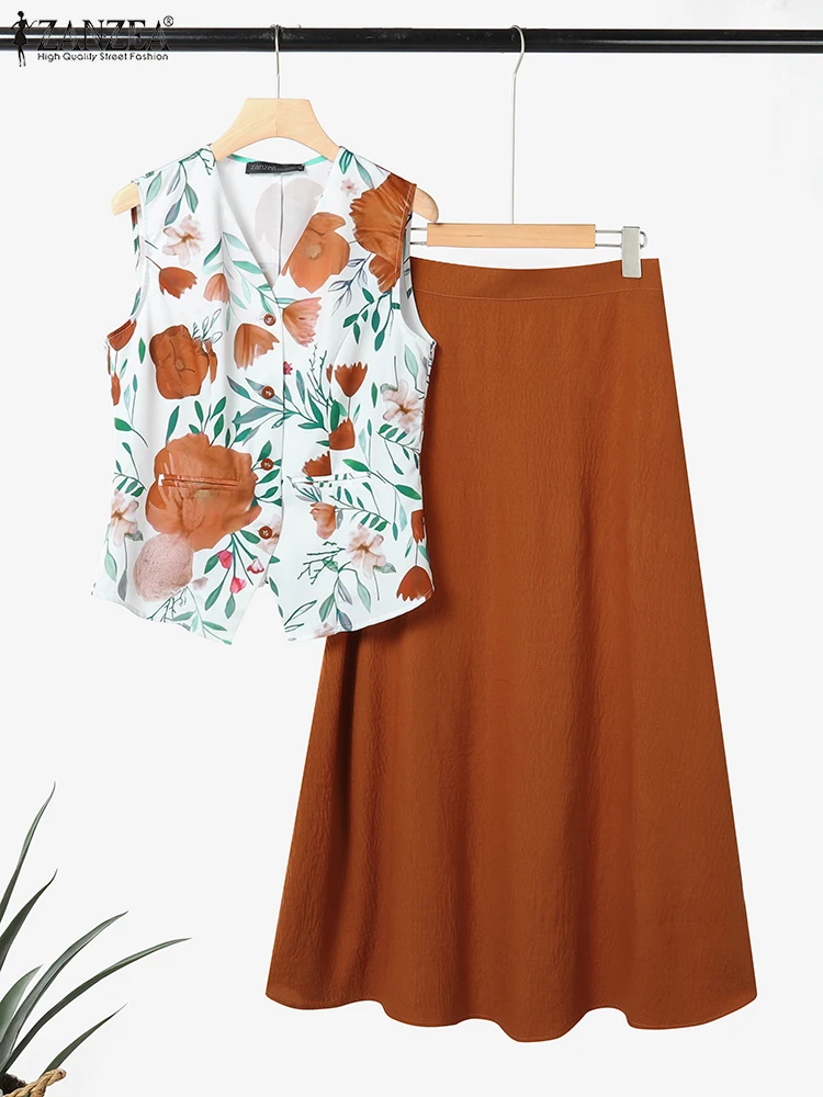 

ZANZEA 2025 Summer Elegant Women Dress Sets Vintage Print Two-piece Outfits Sleeveless V-Neck Tops and Long Maxi Skirt Suit 2PCS