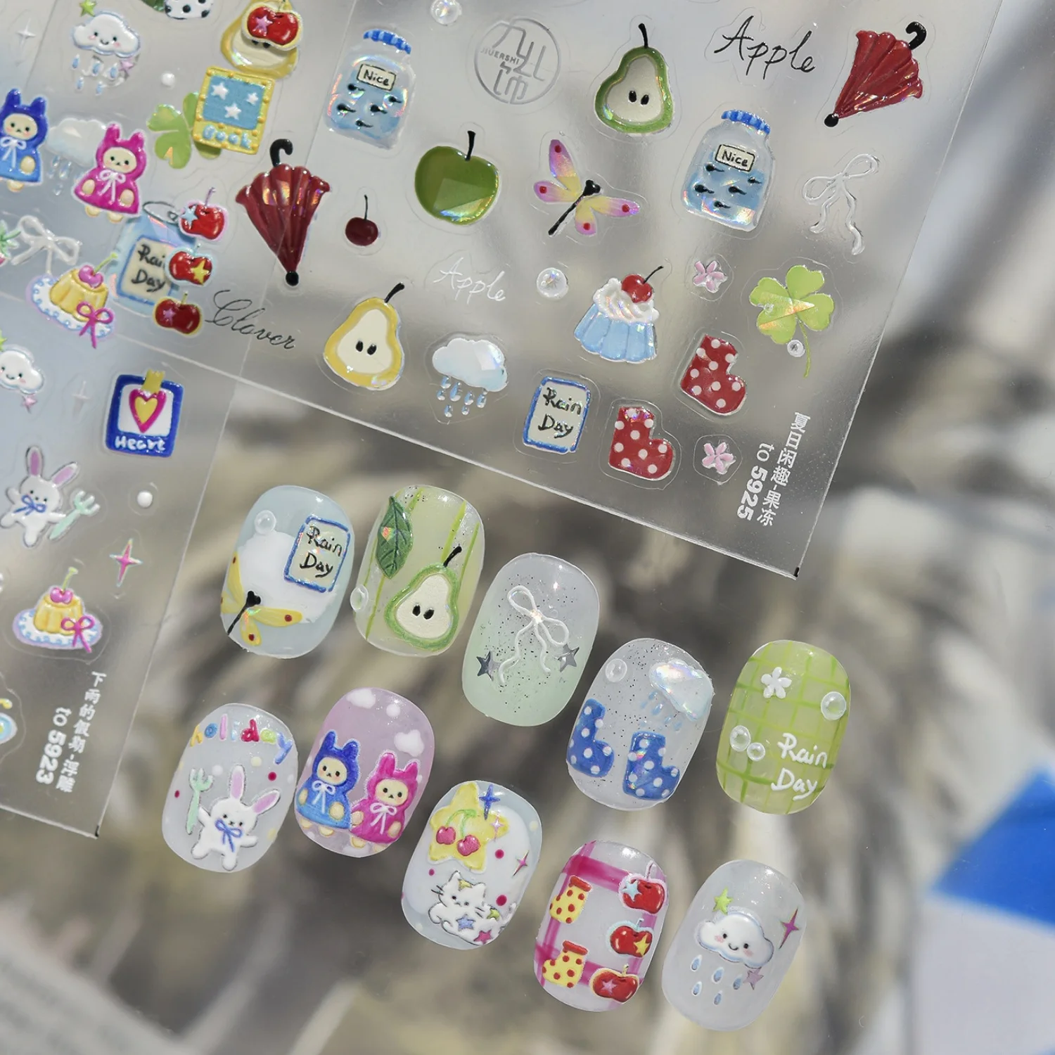 Rainy Scenery Nail Decals 5D Weather Elements Umbrella Fruit Dragonfly Four-Leaf Clover Cloud Droplet Ribbon Bow Nail Stickers