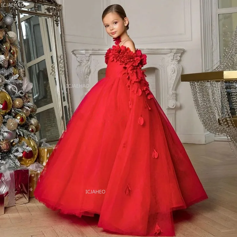 Pageant Dress for Girls Kids Red Princess Birthday Gown Piano Performance Host Formal Celebration Flower Girl Dresses Costume