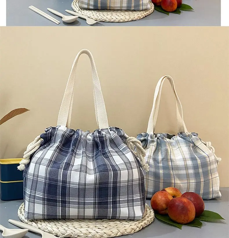 Karierte Handtasche mit Kordelzug, wasserdicht, ölbeständig, Lunchtasche, tragbare Kosmetik-Aufbewahrungstasche, modische Tragetasche – Detail 10