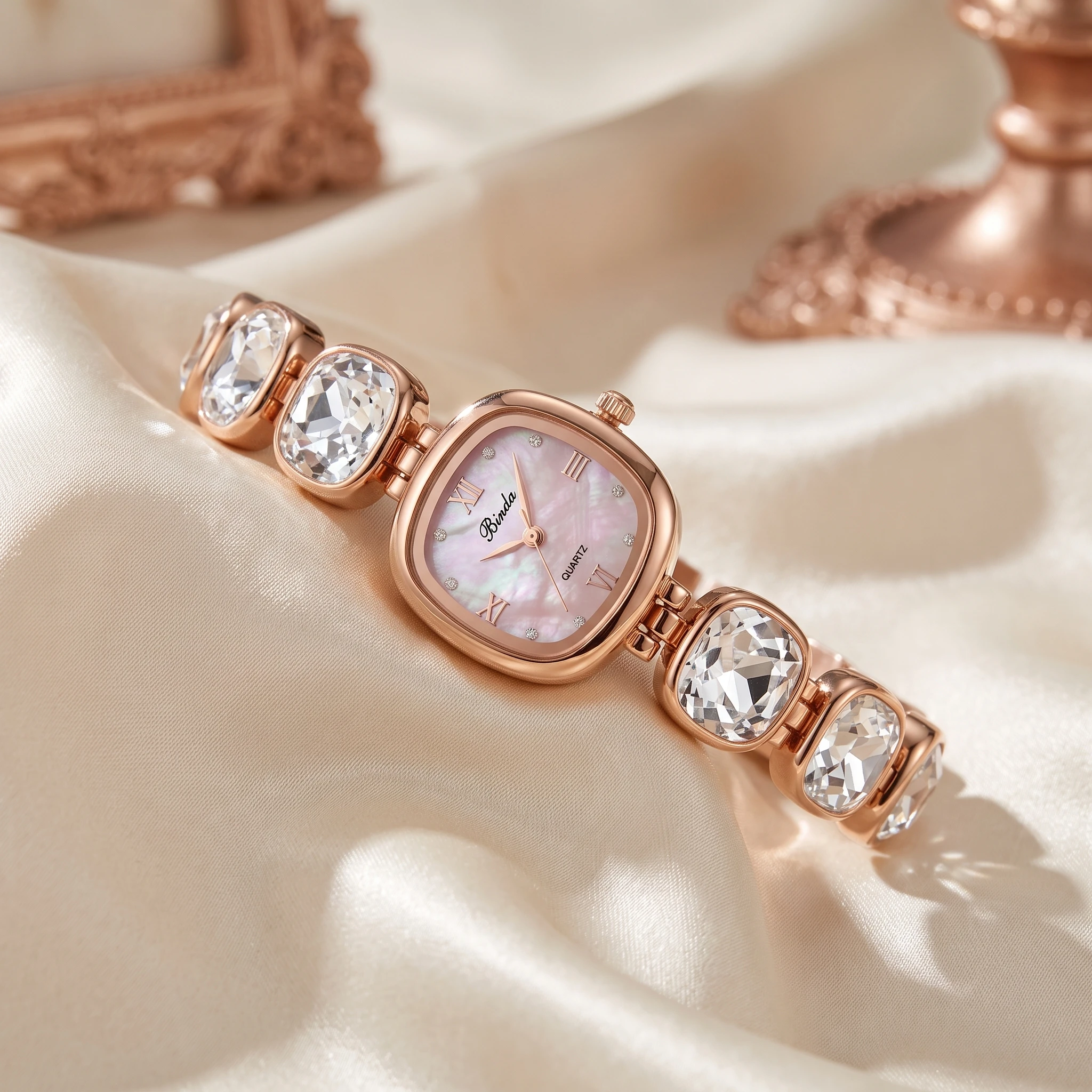 Diamond Studded Fashion Luxury Women Watch with Gift Box & Watch Adjustment Tool, Simple Pink Square Dial Waterproof Temperament