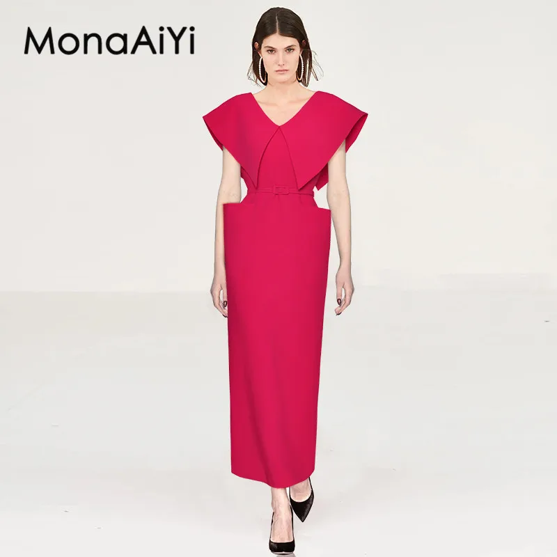 

MonaAiyi Fashion Women's New V-Neck Sleeveless Lace-Up High-Waisted Pocket Elegant Long Hip Wrap Pencil Split Maxi Dress