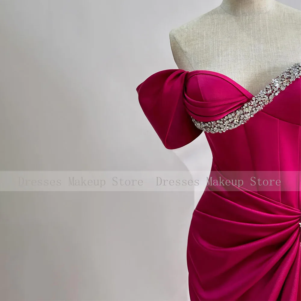 Fuchsia Prom Dress Off the Shoulder Crystals Sweetheart Column Prom Gowns for Women 2024 Floor Length Ruched Formal Party Dress