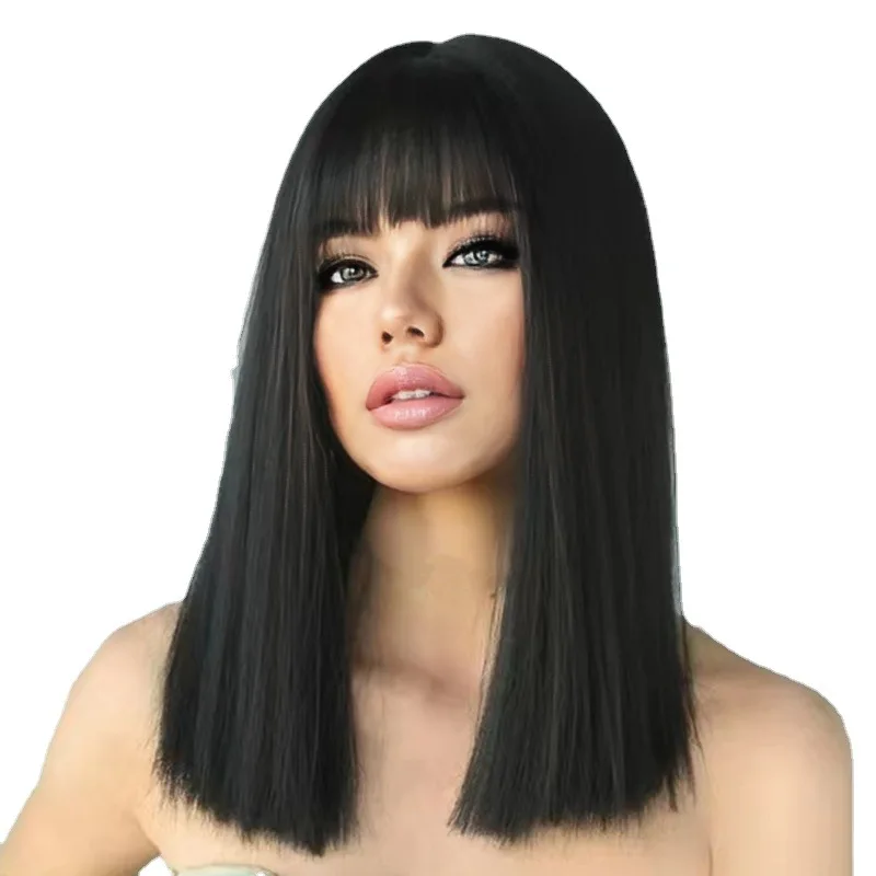 Fashion black synthetic wig female Qi bangs long hair festival daily wig chemical fiber mechanism full head wig image 5