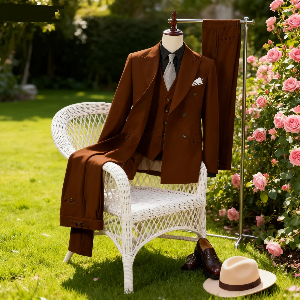 

Настраиваемый мужской белый терно-костюм-тройка с кремовым лацканом, куртка, брюки, жилет, комплект с регулировкой пряжки на груди