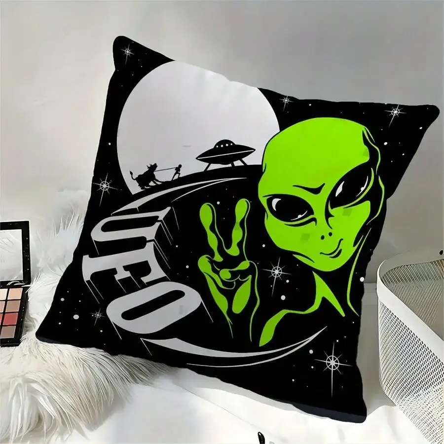 Alien UFO Cushion Cover Retro Sci-Fi Space Pillow Case with Green Extraterrestrial and Flying Saucer Home Decor