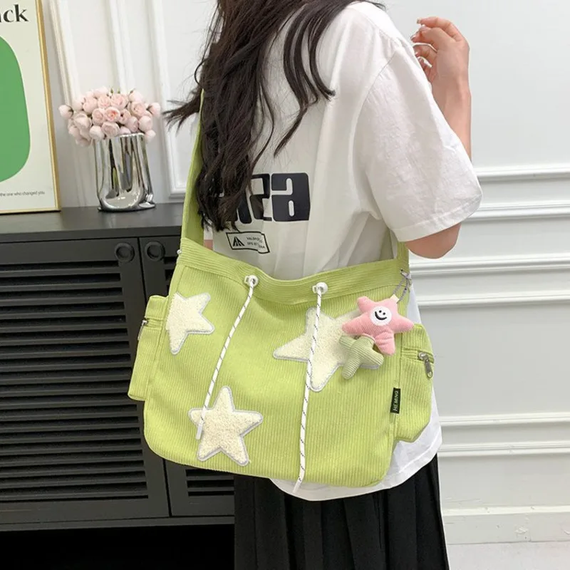 

Large capacity corduroy bag, women's single shoulder casual five pointed star crossbody bag, cute and versatile student tote bag