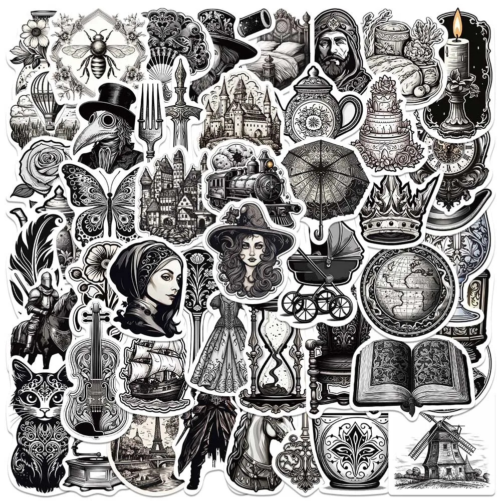 50PCS Vintage Black and White Medieval Retro Stickers Aesthetic Children Diary Suitcase Scrapbook Phone Laptop Bottle Sticker