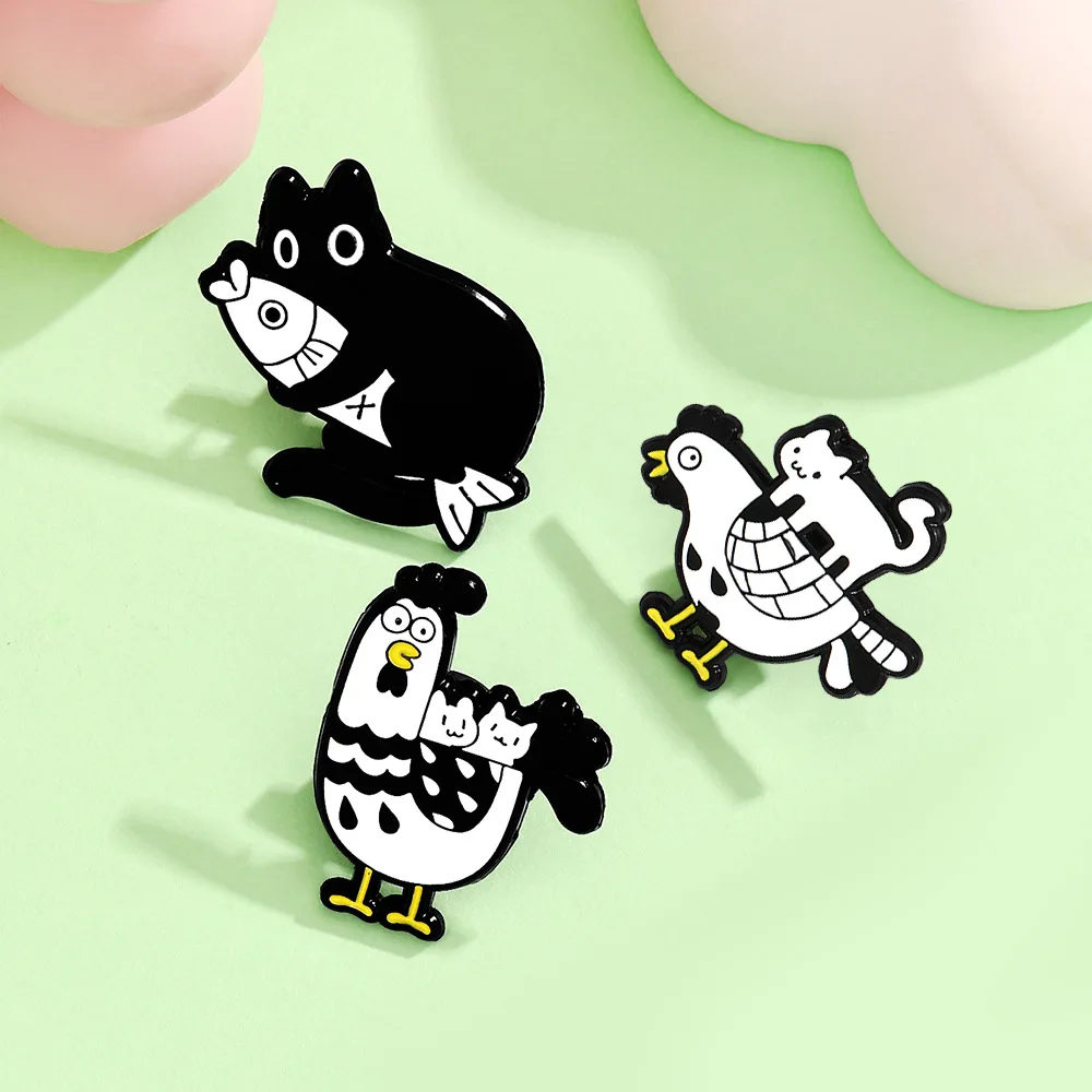 Cute Cartoon Black White Cat Enamel Brooch Creative Animal Chicken Fish Friend Lapel Pin Badge Backpack Clothing Hat Accessories