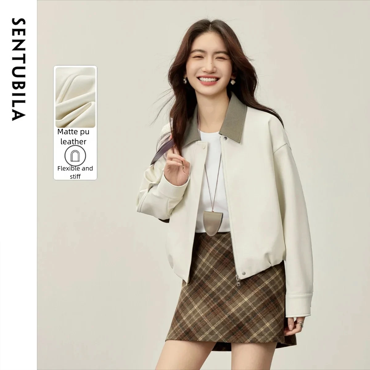 

SENTUBILA Women's Modern Urban PU Leather Jacket Autumn 2025 Gram Matte Finish Short Commuter Turn-Down Collar Coat 153G80332