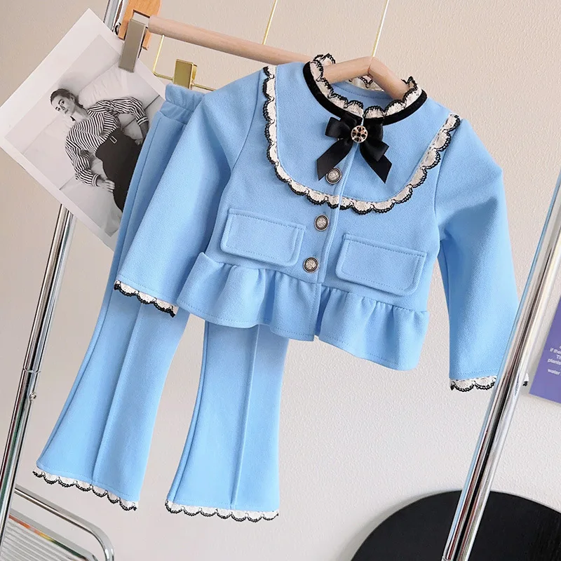 Childrens Set 2024 Autumn New Girl French Doll Collar Single Breasted Buckle Soft Solid Color Tops Casual Pants Two Piece Set image 4
