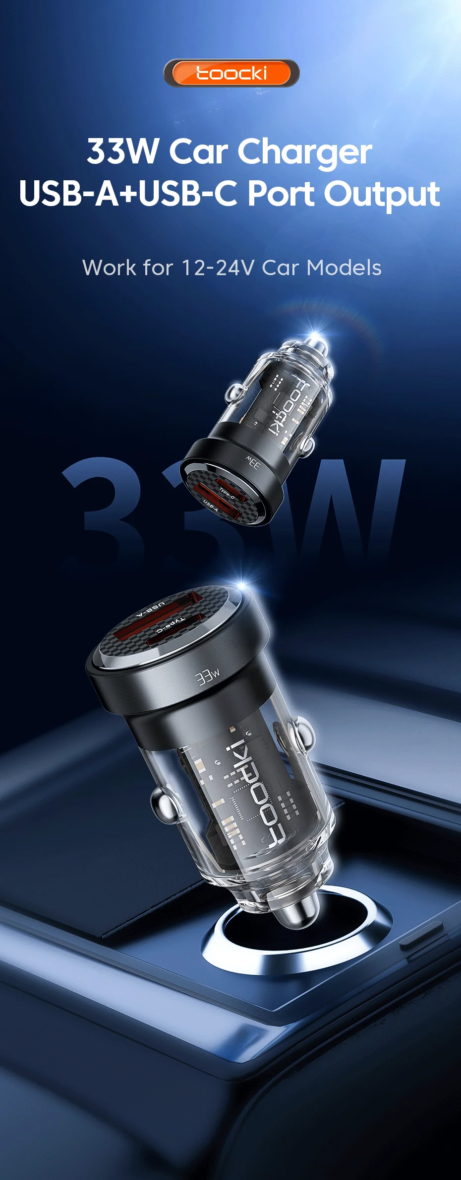 Toocki 33W Car Charger Quick Charge PD 3.0 SCP 5A USB Type C Car Phone Charge Fast Charging For iPhone 14 13 Xiaomi Samsung S23