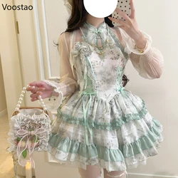 New Chinese Style Vintage Lolita Jsk Princess Dress Women Elegant Print Lace Ruffle Tea Party Mini Dress Pink Sweet Y2k Vestidos