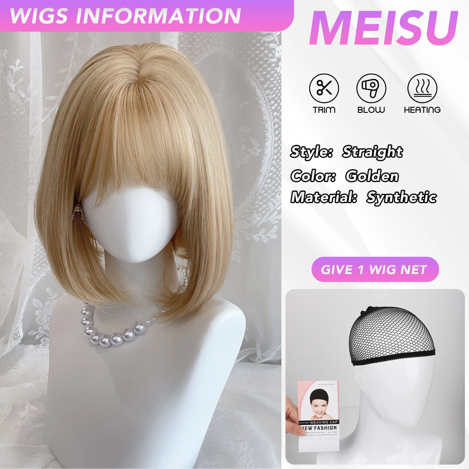 MEISU 12 Inch Synthetic Air Bangs Wig Short BOBO Golden Layered Fiber Heat-resistant Cute Party or Selfie For Women Daily Use