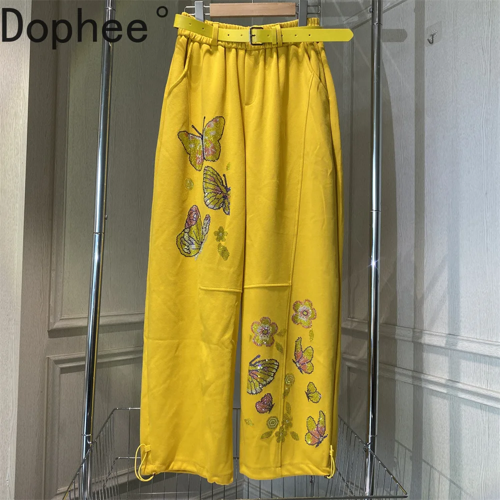 

All-match Autumn Fashion Women Wide Leg Pants Diamonds Butterfly Elastic Waist Yellow Sweatpants Casual Straight Long Trousers