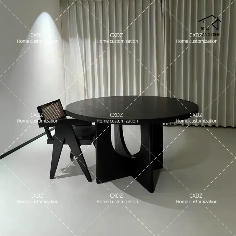 Wabi Sandy Wind Black Solid Wood Round Dining Table White Wax Wood Medieval Round Dining Table Household Small Unit Round