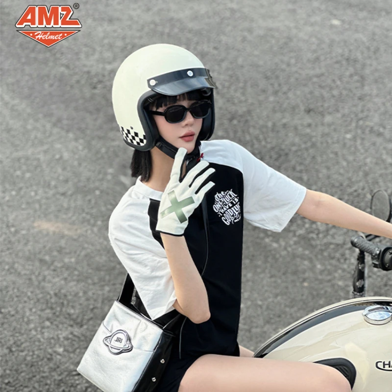 AMZ Retro Motorcycle Helmet Female Summer Fiberglass 3/4 Helmet Electric Vehicle Male DOT Certified Cruise Half Helmet