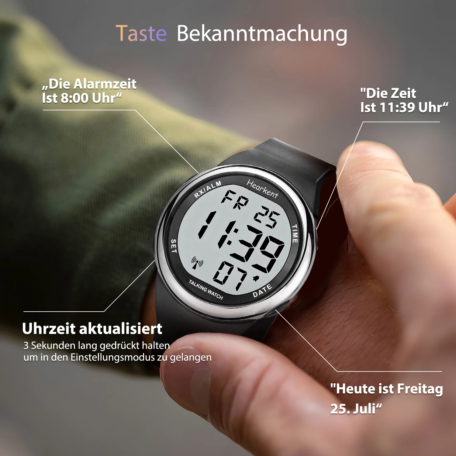 Hearkent German Atomic Talking Watch for Blind with Alarm Digital  Watch Visually Impaired Elderly Touch Button Voice Wristwatch