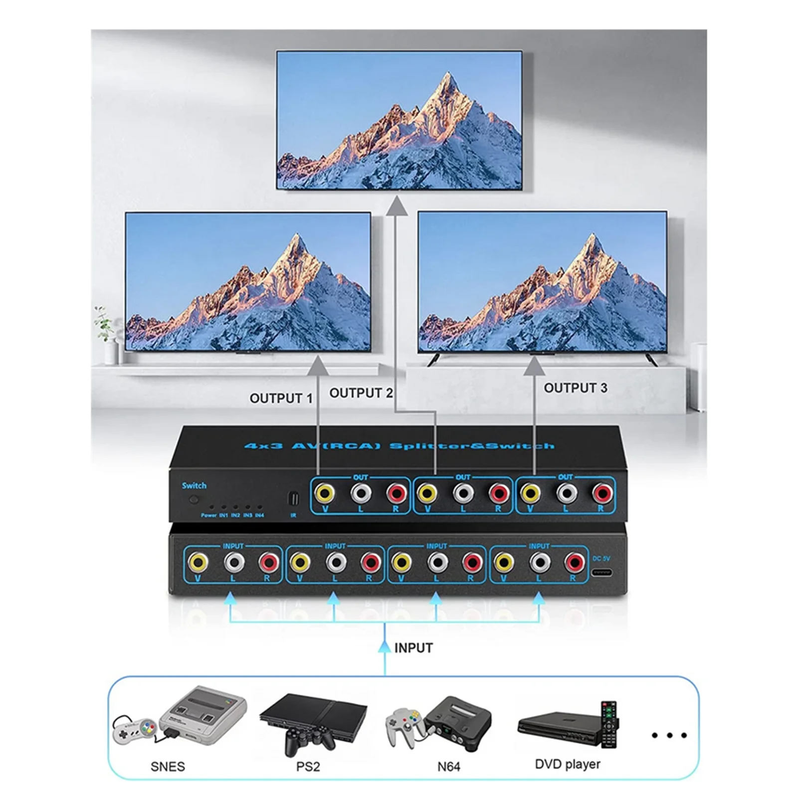 4 Way RCA Switch 4 In 3 Out AV Switch RCA Switcher Box Video L/R Stereo Audio AV Selector Box 4X3 Composite Switcher For DVD